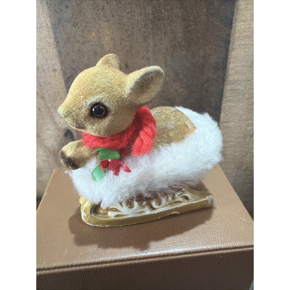 Holiday Josef Originals Ceramic Deer On Sled Figurine Japan Flocked Vtg 1970s